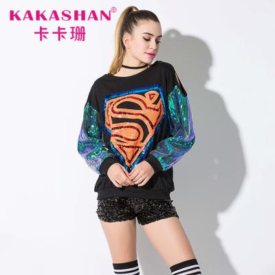 China Breathable Sequin Stage Wear For Women Long Sleeve T Shirt Sequin Top for sale