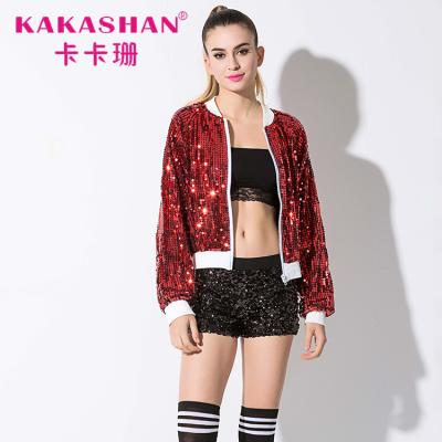 China Breathable Fashion Women Beaded Ladies Even Black Sequin Bomber Jacket for sale