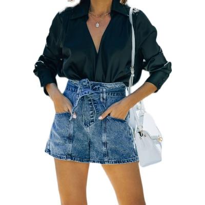 China Wholesale Breathable All-Match A Line High Waist Dark Blue Denim Distressed Shorts for sale