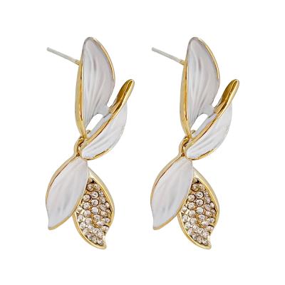 China White Enamel Rhinestone Leaves Petal Drop Earring E0168 Beautiful Romantic Autumn Bride Wedding Dangler Jewelry For Women Soft White Enamel Rhinestone Leaves Earring petal drop for sale