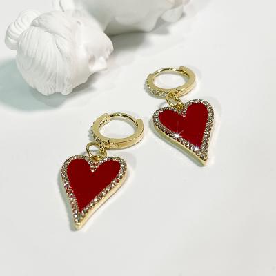 China Enamel heart circle earrings E0013 red romantic girl enamel stone earrings CZ love huggie circles heart red sweet mirco earrings for sale