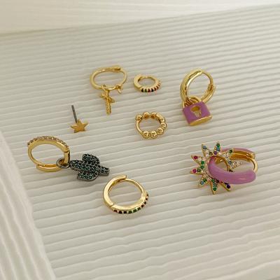 China E0406 Cute Cross Gold Color Small Circle Lock Star Cactus Zircon Circle Earring Sets Cute Zircon Cactus Earrings Hoops For Women star cross lock huggie earring for sale