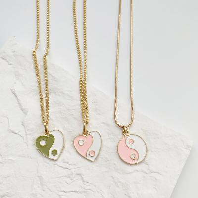 China Yin yang enamel necklace N0417 yin yang love heart enamel pendant link chain necklace for women around tai chi chain pendant herringbone necklaces for sale