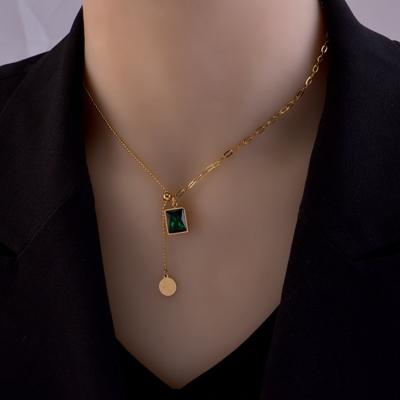 China Black Green Square Zircon Necklaces Pendant Vintage Mixed Chain Titanium Steel Necklace For Women Black Green Square Zircon Pendant Necklaces Fashionable Zircon Sweater Choker for sale