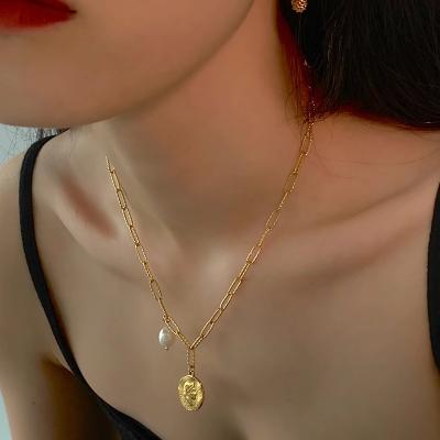 China Titanium Steel Paper Clip Chain Necklace With Freshwater Titanium Link Chains Pearl Drop Locket Boho N0532 Steel Paper Clip Chain Necklace Pendant Necklaces With Locket Pendant for sale