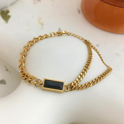 China Chunky Black Square Zircon Double Chain Bracelet Punk Bangles Steel Bracelets Chunky Black Square Zircon Jewelry Chunky Double Cuban Titanium Chain Gold Color Bracelet for sale