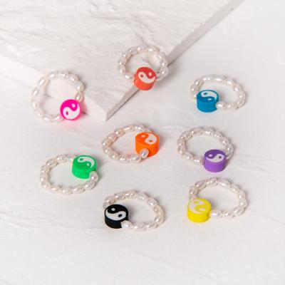 China Multi color yin yang pearl ring R0242 handmade natural freshwater pearl rings for women elastic ring taiji multi yang pearl yin color pearls ring for sale