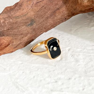 China R0253 Ring Black Thin Chian Vintage Rectangle Geometric Enamel Gold Plated Jewelry Rings Stainless Steel Thin Chian Rectangle Female Black Enamel Ring for sale