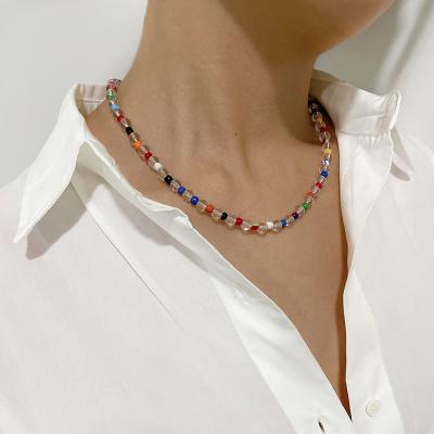 China N0573 Summer Boho Jewelry Rainbow Beads Jewelry Clear Coloful Handmade Rainbow Acrylic Glass Bead Chain Necklaces For Women for sale