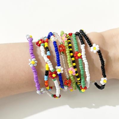 China B0073 Candy color flower bead chain bracelets acrylic multicolor sunflower beaded chain bracelet for women boho candy color flower acrylic chain elastic bracelets for sale