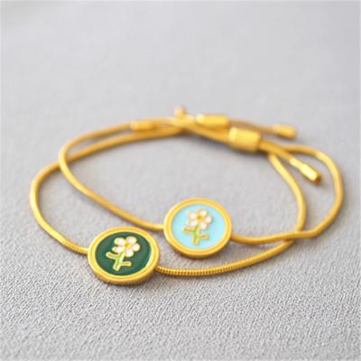 China Round Adjustable Fashionable Elegant Coin Chain Bangle Floral Fishbone Enamel Snake Flower Chain Bracelet For Women Vintage Enamel Round Flower Snake Adjustable Chain Bracelet for sale