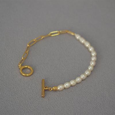 China French Elegant Mixed Pearl Paperclip Chain OT Clasp Bracelet Chain Splicing ot Clasp Bracelet For Women Fashionable Natural Freshwater Paperclip Chain Pearl Splicing Bracelet for sale