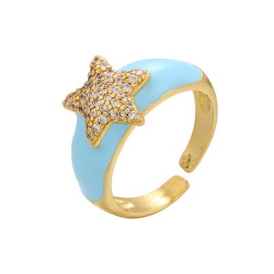 China Micro Zircon Five Headed Star Enamel Open Ring Wholesale For Pave Micro Zircon Five Headed Star Enamel Open Ring For Women Cute Multicolor Oil Drop Has adjusted rings summer jewelry for sale