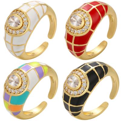 China Lattice Enamel Chunky Open Ring With Zircon Wholesale Colorful Drop Oil Adjustable Rings For Women Multicolor Lattice Enamel Chunky Open Ring With Zircon for sale