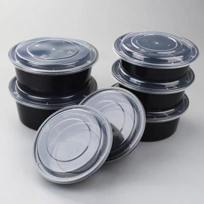 China Heatable Disposable Plastic Take Aways  Black Round Salad Soup Noodle Snack Pasta Rice Snack Packaging Box Bowls Food Storage Container for sale