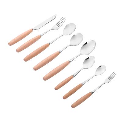 China Durable Stainless Steel Wooden Handle Knife Beef Western Style Chops Fork Dessert Spoon Set for sale