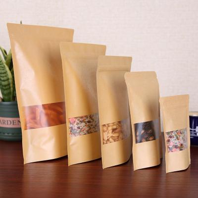 China Recyclable Packaging Reusable Kraft Paper Zip Lock Bag In Stock Kraft Paper Bag With Window For Food Kraft Paper Zipper Bag for sale