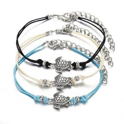 China Color Protection Plating Fashion Bohemian Charm Double Layer Beach Sea Turtle Adjustable Woven Leather Anklet Chain for sale