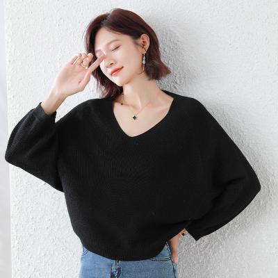 China New Breathable Women's Sweater Solid Color Temperament V-Neck Lantern Sleeve Loose Knit High Waist Wool for sale