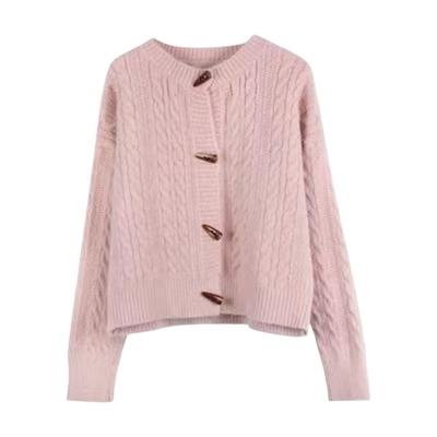 China 2022 new horn women's clothing soft button cardigan twist sweater breathable loose lazy knit sweater for sale