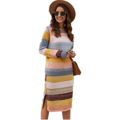 China Women Fashion Stripe Sweater Breathable Knitwear Long Over - The Knee Sweater Slim Skirt In Striped Skirt for sale