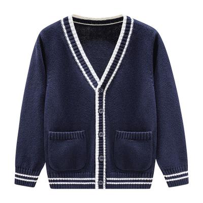 China Breathable Custom School Badge Long Sleeve Sweater Recycled Nitrile Knitted Fabric Stripe Pocket School Uniform Sweater for sale