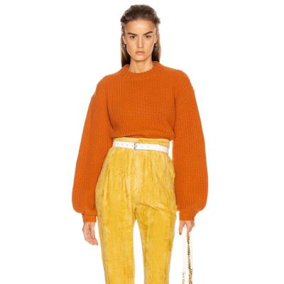 China Custom Breathable Wholesale Popular Orange Lantern Sleeve Sweater Round Neck Loose Ribbed Ladies Sweater for sale