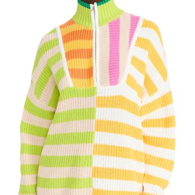 China Breathable Wholesale Custom Knit Sweater Latest Fashion Ladies Turtle Neck Casual Striped Mixed Color Knit Sweater Turtle Neck Half Zipper Swea for sale