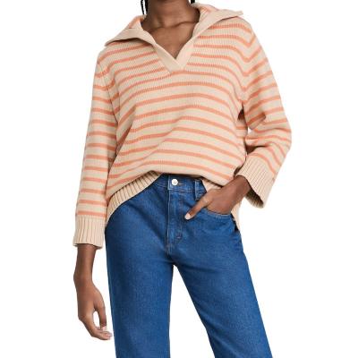 China Women's Breathable Pullover With Stripe And Slit 2022 Custom Polo Neck Long Sleeve Knitted Sweater for sale