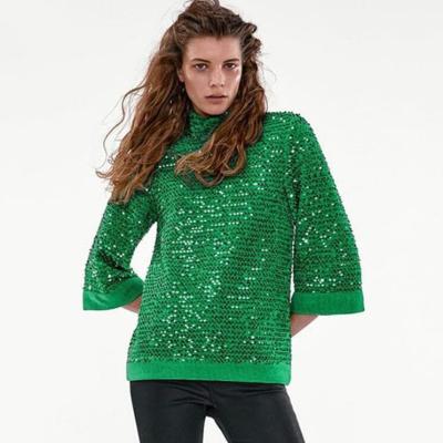 China 2022 QUICK DRY Women's Fashion Tops Sweatshirt Sequined Knitted Three Quarter Sleeve Sheath Solid Green Casual Shirt Pullover Sweater for sale