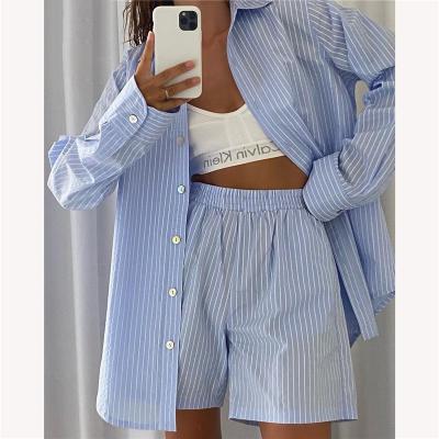 China Breathable Striped Long Sleeve Shirt Loose Shorts Sets For Women 2021 Summer Two Piece Outfits Sets Two Piece Blouse Shorts Set Women for sale