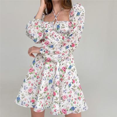 China Spring Vestidos Estampado Floral Dresses Breathable Women Puff Square Neck Halter Sheath Floral A Line Dress Elegant Floral Casual Dresses for sale