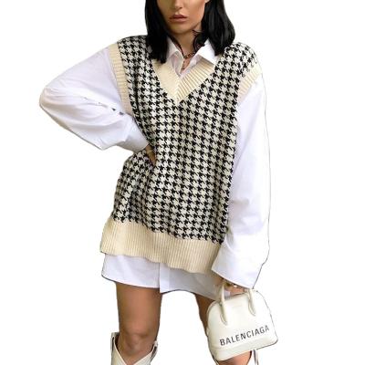 China 2020 V Neck Breathable Houndstooth Loose Women's Oversized Sleeveless Sweaters Knit Sweater Vest Pullover Sleeveless Sueter Mujer for sale