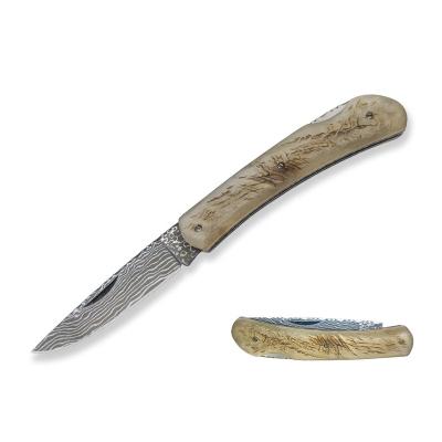 China Non-variable Handmade Damascus Folding Knife For Mini Goat Horn Handle Pocket Cutlery for sale