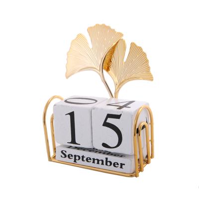 China Table Calendar MDF Diy Perpetual Calendar Diy Perpetual Calendar Craft Decoration Wrought Iron Wooden Frame With Golden Leaves for sale