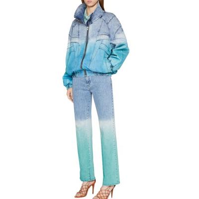 China Reversible Reversible High Street Wear Blue Ombre Tie Dye Jean Jacket Women 2020 Fashionable Coats For Young Ladies for sale