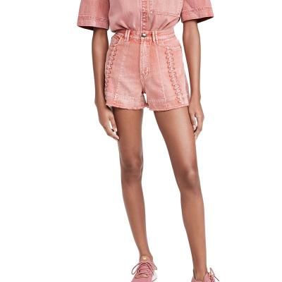 China OEM factory sale women short pants Anti-wrinkle Anti-wrinkle soft sexy style printed pink color straight ruffles denim shorts for sale