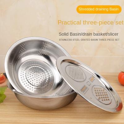 China 3 Viable in 1 Stainless Steel Drain Basket Cutter Fruit Rice Food Wash Bowl Strainer Set Vegetable Salad Bowl for sale