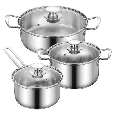 China Hot Selling Sustainable Cooking Pot Set Non Stick 3 Pcs Set Stainless Steel Cooking Pots Frying Pan Cooking Pot Set With Glass Lid for sale