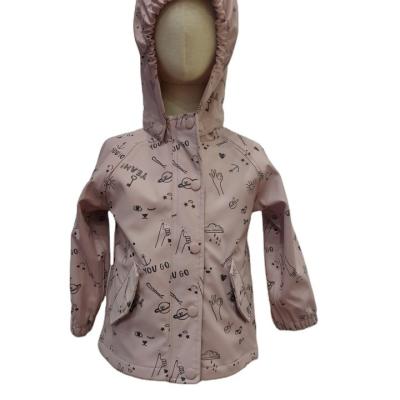 China Outdoor kids girls PU rain coat pink printing detachable hooded outerwear girls waterproof coat for sale