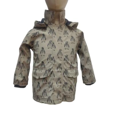 China Outdoor kids boys PU raincoat cartoon penguin printing hooded waterproof coat for sale