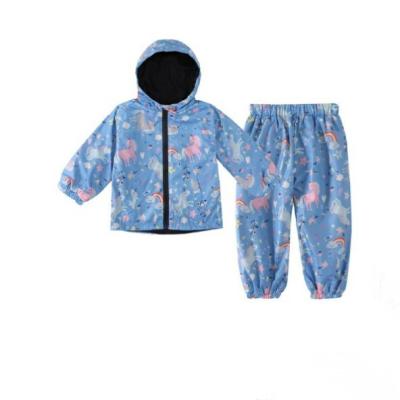 China rain gear sets for children full printed hooded jacket with rain trouser functional waterproof outfit for kids for sale