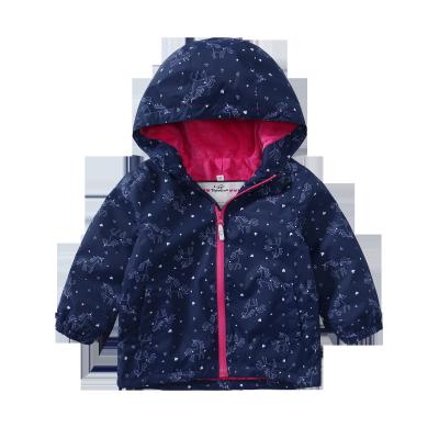 China Classic softshell jacket for children navy girls unicorn printing hooded fleece Autumn Winter outerwear for sale