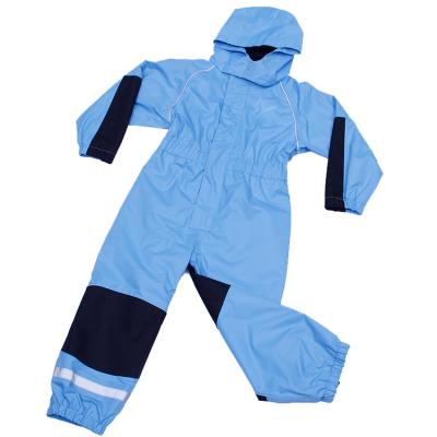 China Fashion children rain gear outdoor sports waterproof coverall navy hooded PU jumpsuit kids fashion rain suit for sale