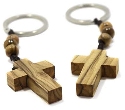 China Decorative Rustic Wooden Key Ring Wood Key Chain Natural Material Cross With Beads for sale