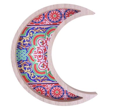 China Natural Material Wood Tray Serving Crescent Moon Eid Ramadan Food Tray Muslim Islam Mubarak Food for sale