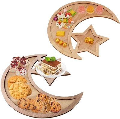 China Natural Material Star Eid Mubarak Party Food Serving Tableware Tray Ramadan Table Crescent Tray of 2Pcs Ramadan Wood Tray Artistic Moon for sale