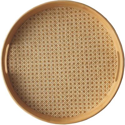 China Wholesale Cheap Large Basket Natural Material Round Wooden Bamboo Rattan Serving Tray for sale