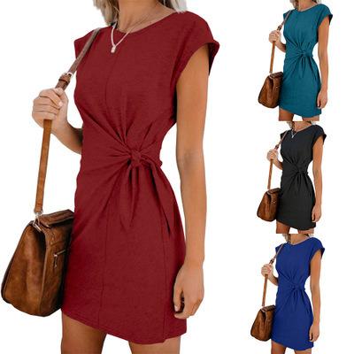 China Anti-static wholesale ebay Amazon wish women European and American round neck band width loose short sleeve dress summer dress for sale