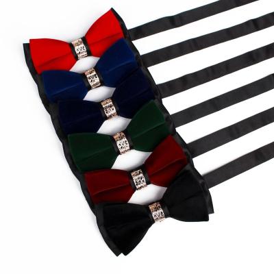 China NEW GOODS Wholesale Groom Formal Wedding Bow Tie Double Velvet Diamond Collar Flower Host Emcee Suit Bow Tie for sale